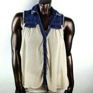Denim Sheer Off White Sleeveless Top Open Back
